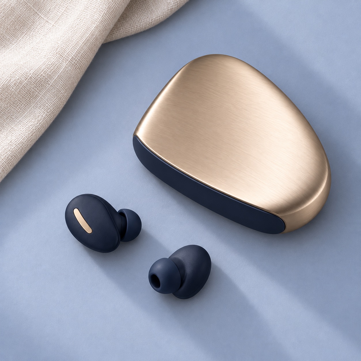 The closed champagne case beside both navy Arc earbuds