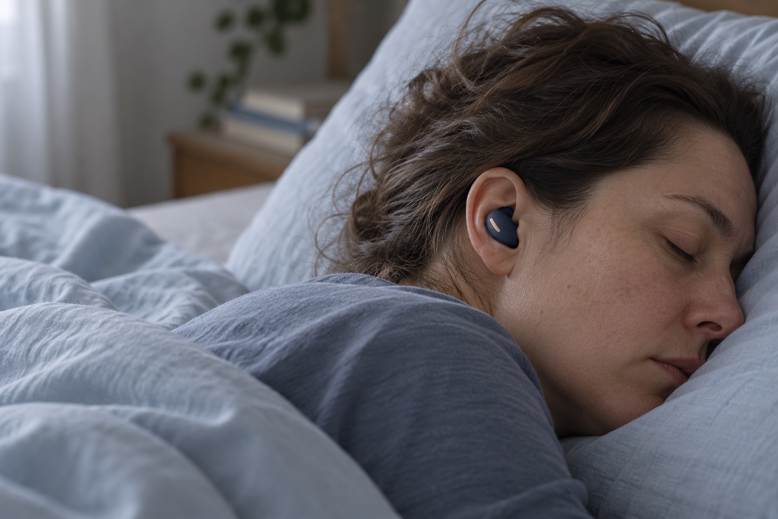 A woman resting on her side wearing a navy Dozemere earbud