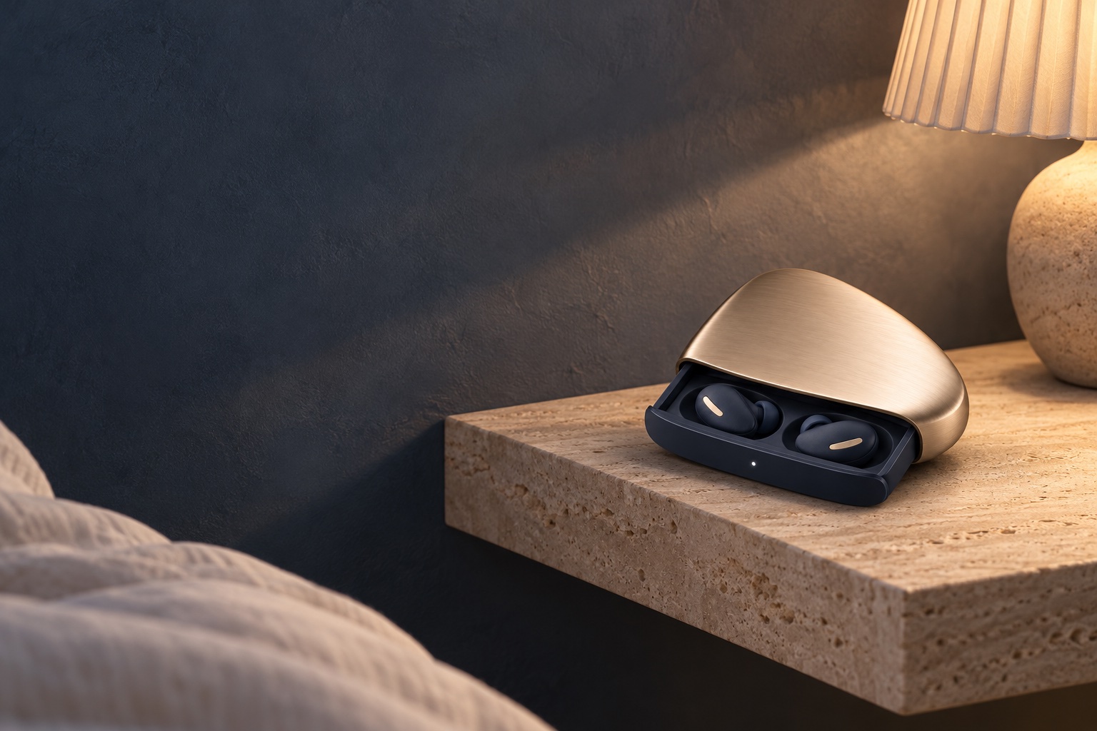 The open Arc case on a travertine bedside shelf